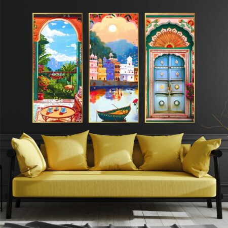 Set of Three large Wall Paintings for Wall Dacoration Golden Framed Wall Paintings for Living Room & Bedroom Wall Art for Home Decoration & Office Wall Décor (14x11 inch CH-LGD3-2)