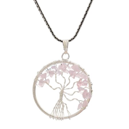 Rose Quartz Pendant Tree of Life Crystal Stone Pendant Locket with Metal Chain for  Healing Crystal Healing Gemstone Size 35-40 mm rose quarts