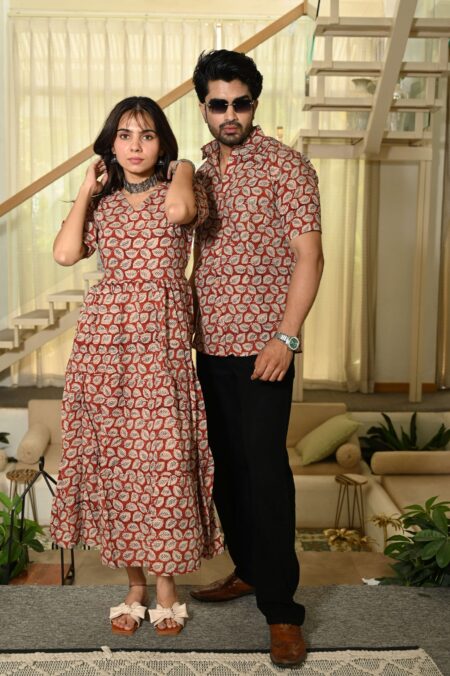 Couple Matching Red-Beige Cotton Anarkali Midi Dress and Shirt Set ? Leaf Block Print