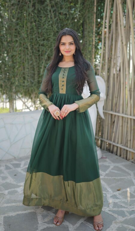 Green Elegant Chiffon Designer Gown with Golden Zari Patta ? Premium Ready-to-Wear Dress