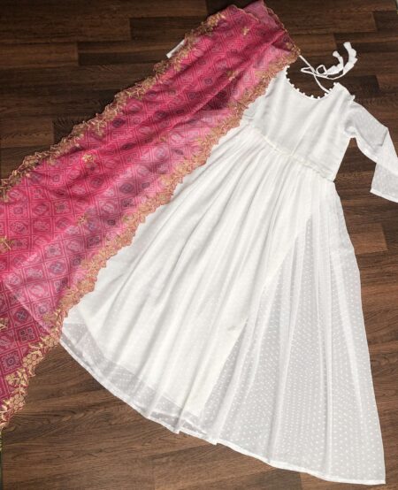 Elegant White And Pink Georgette Gown with Soft Organza Dupatta ? Premium Designer Ready-to-Wear Set