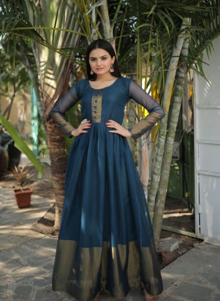 Rama Elegant Chiffon Designer Gown with Golden Zari Patta ? Premium Ready-to-Wear Dress