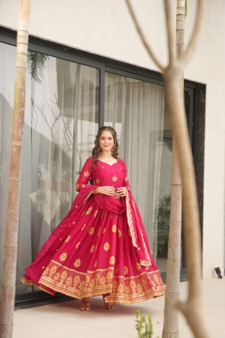 Women's Cotton Embroidered Anarkali Gown With Dupatta Set