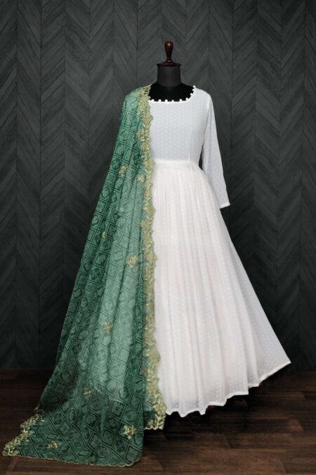 Elegant White And Green Georgette Gown with Soft Organza Dupatta ? Premium Designer Ready-to-Wear Set