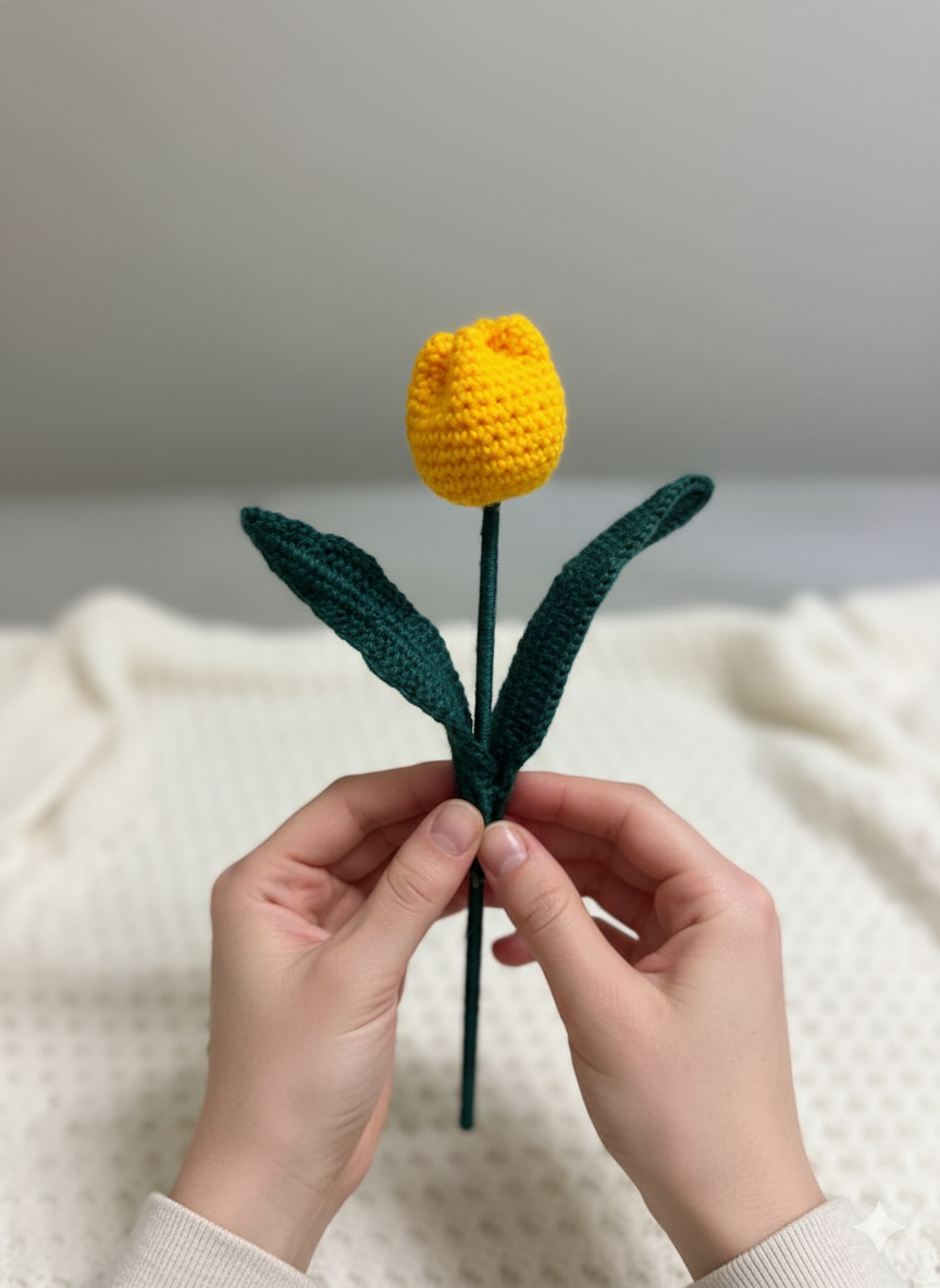 handmade crochet tulip flower yellow knitted home decor
