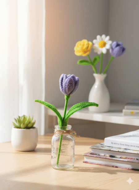 handmade crochet tulip flower purple knitted home decor