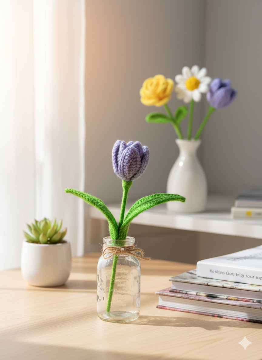 handmade crochet tulip flower purple knitted home decor