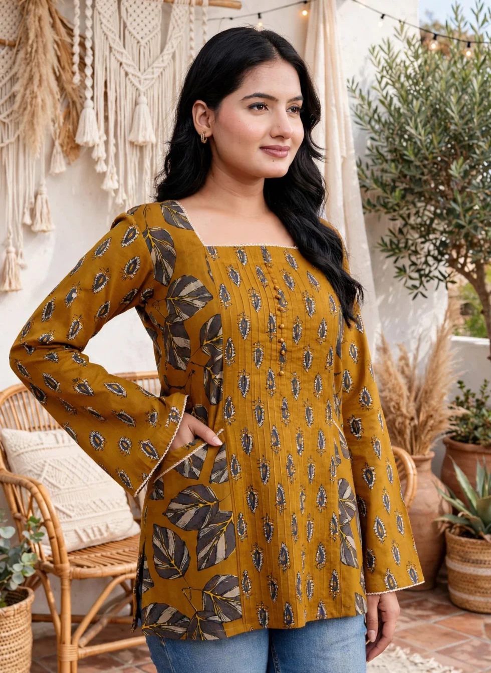 Pintex Kurti for Women Cotton white studio front