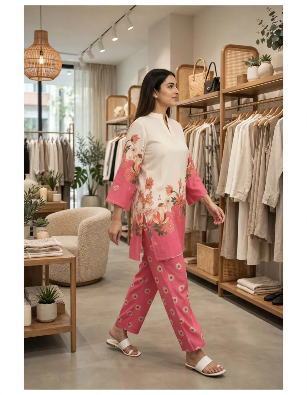 Japanese Crepe Co-ord Set for Women boutique walking side pose