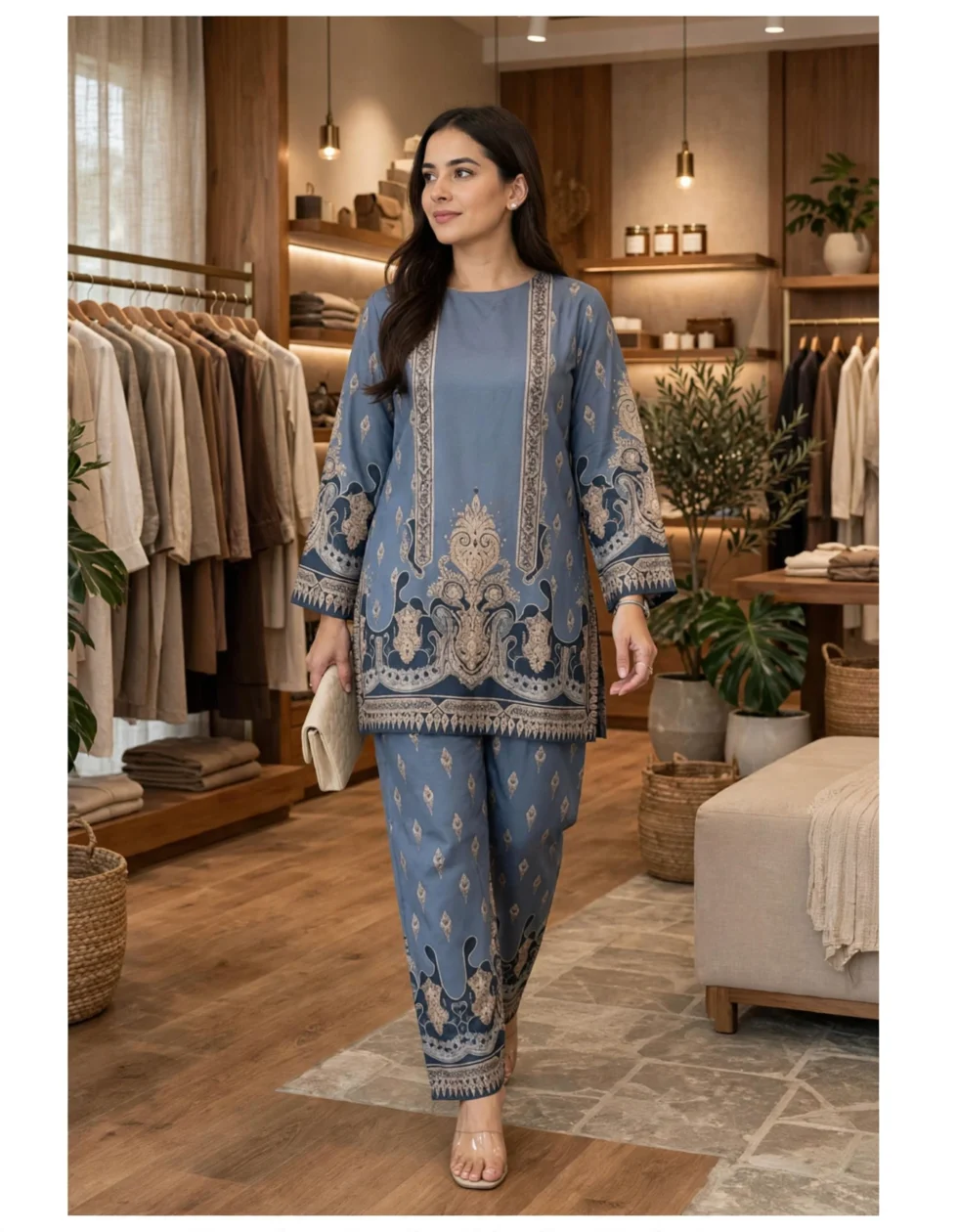 Japanese Crepe Co-ord Set for Women boutique walking pose