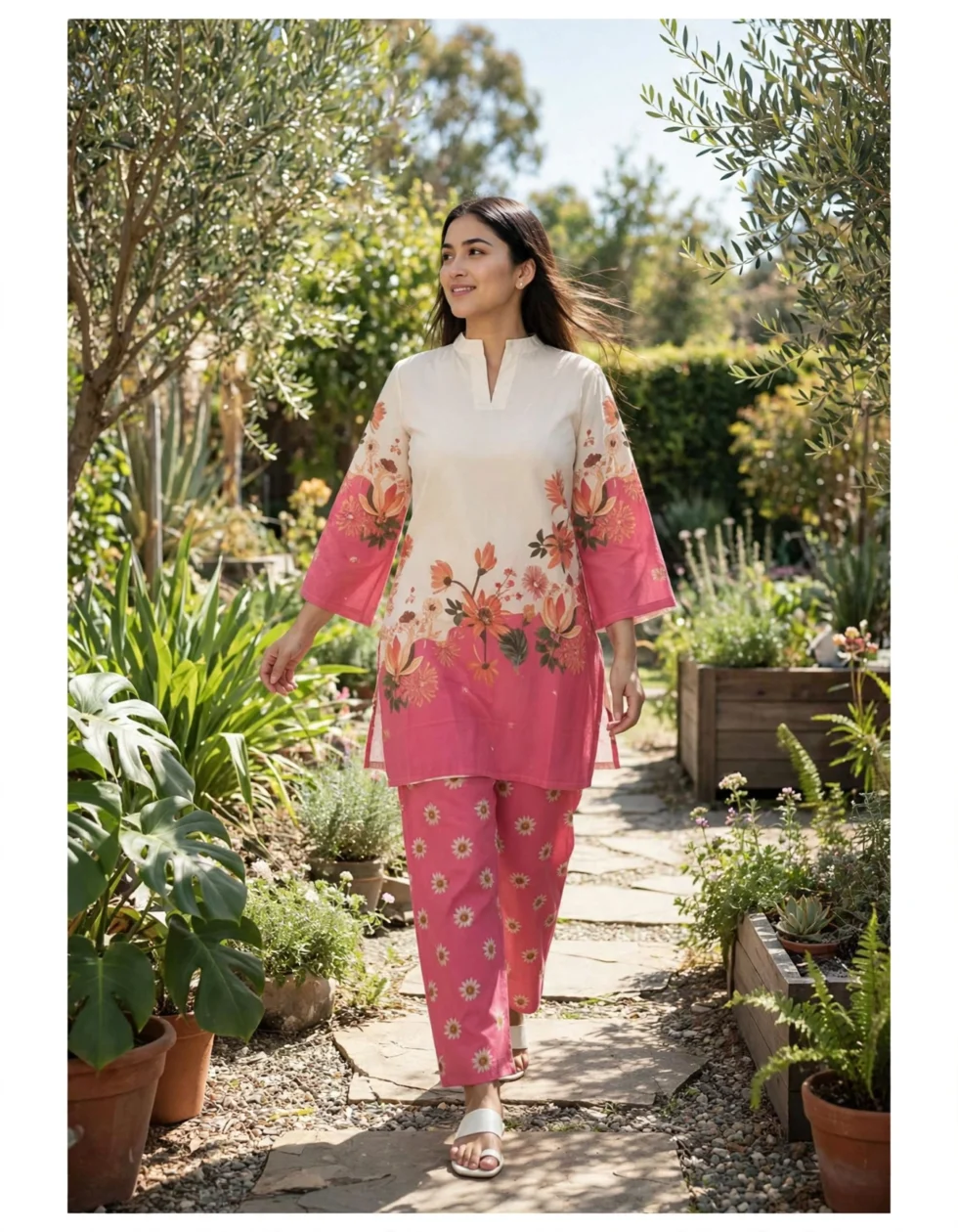 Japanese Crepe Co-ord Set for Women outdoor garden walk lifestyle