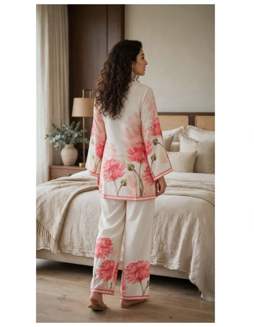 Turkish Cotton Co-ord Set for Women hotel bedroom back view