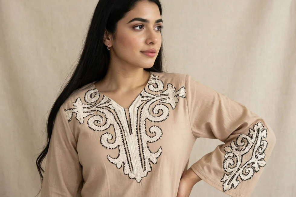 Turkish Cotton Co-ord Set for Women closeup V-neck embroidery detail