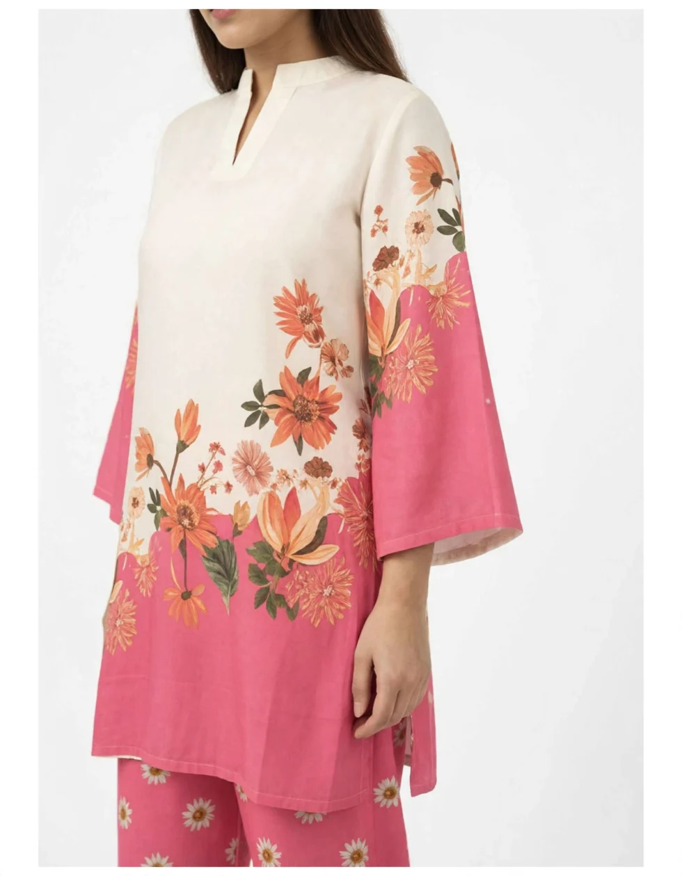 Japanese Crepe Co-ord Set for Women closeup sleeve floral detail white studi