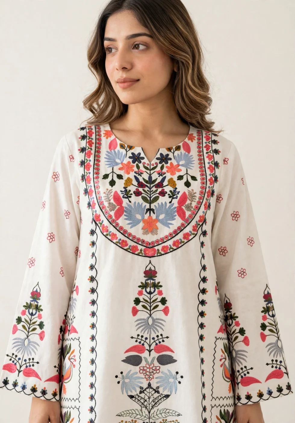 Turkish Cotton Co-ord Set for Women closeup yoke embroidery detail white studio