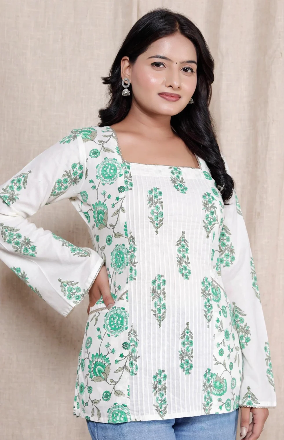 Cotton Pintex Kurti for Women white studio front green floral