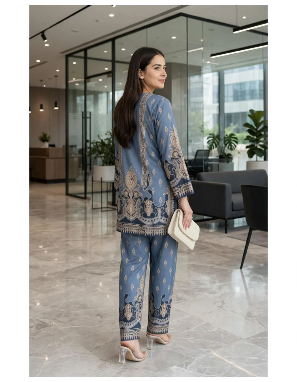 Japanese Crepe Co-ord Set for Women office lobby back view