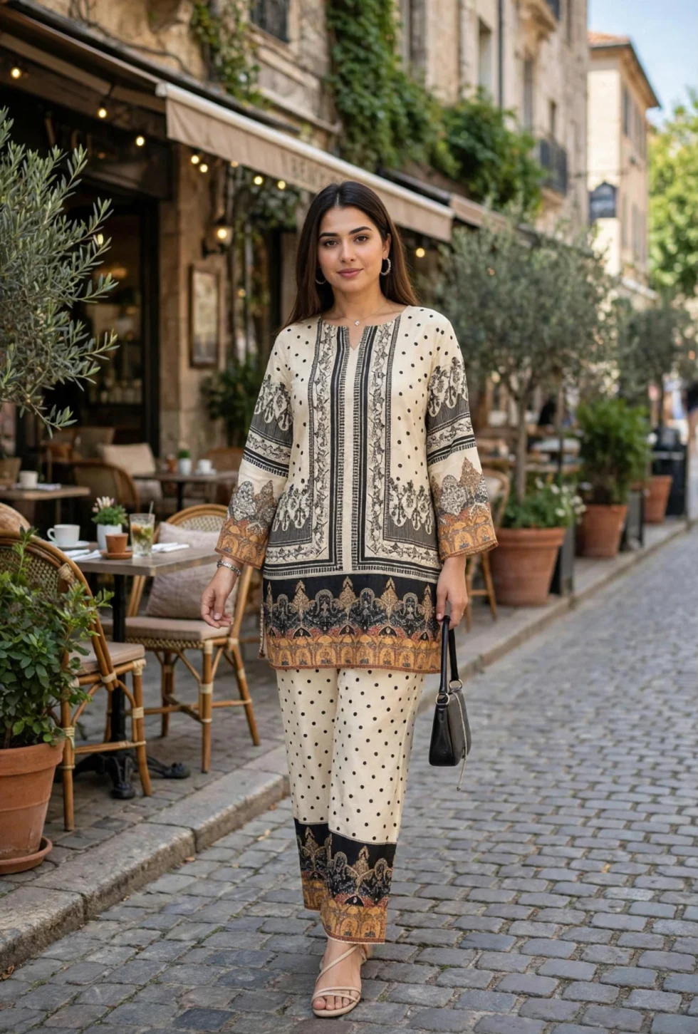 Rayon Cotton Co-ord Set for Women outdoor cafe street lifestyle