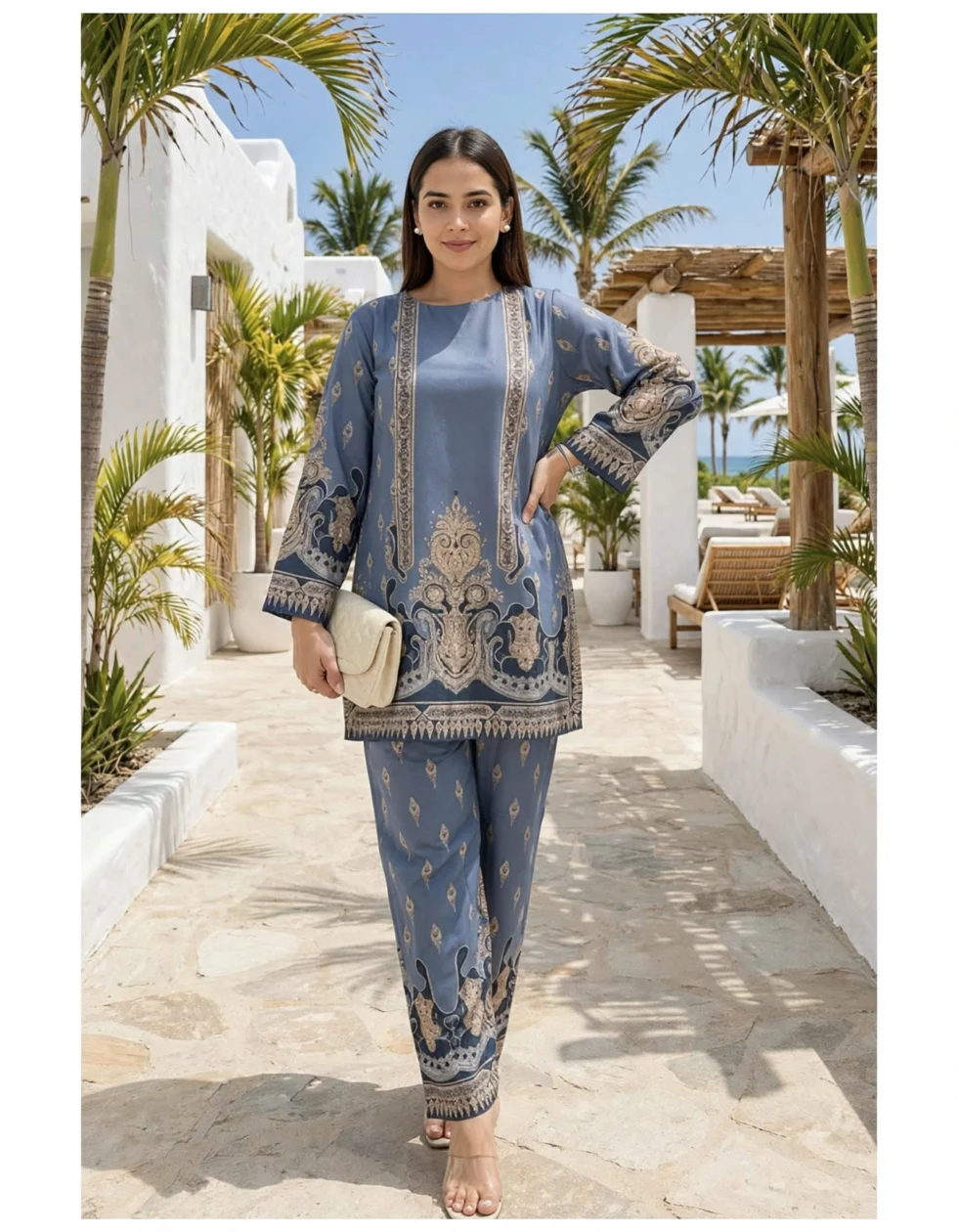Japanese Crepe Co-ord Set for Women beachside resort outdoor