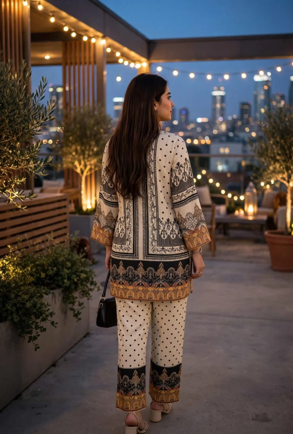 Rayon Cotton Co-ord Set for Women rooftop evening back view