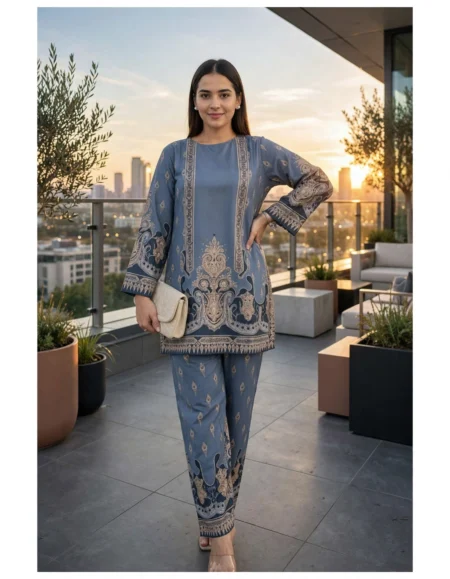 Japanese Crepe Co-ord Set for Women CS-66 rooftop golden hour front view
