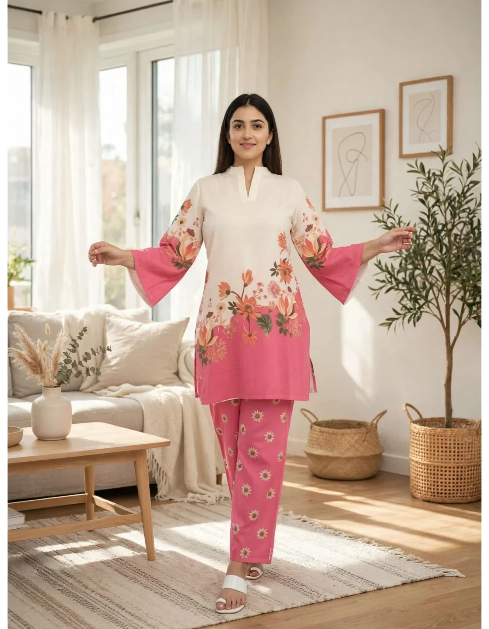 Japanese Crepe Co-ord Set for Women living room front view