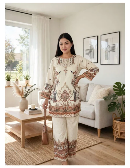 Rayon Cotton Co-ord Set for Women side walking indoor lifestyle