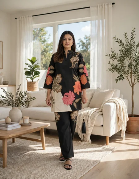 Japanese Silk Co-ord Set for Women front view black floral print