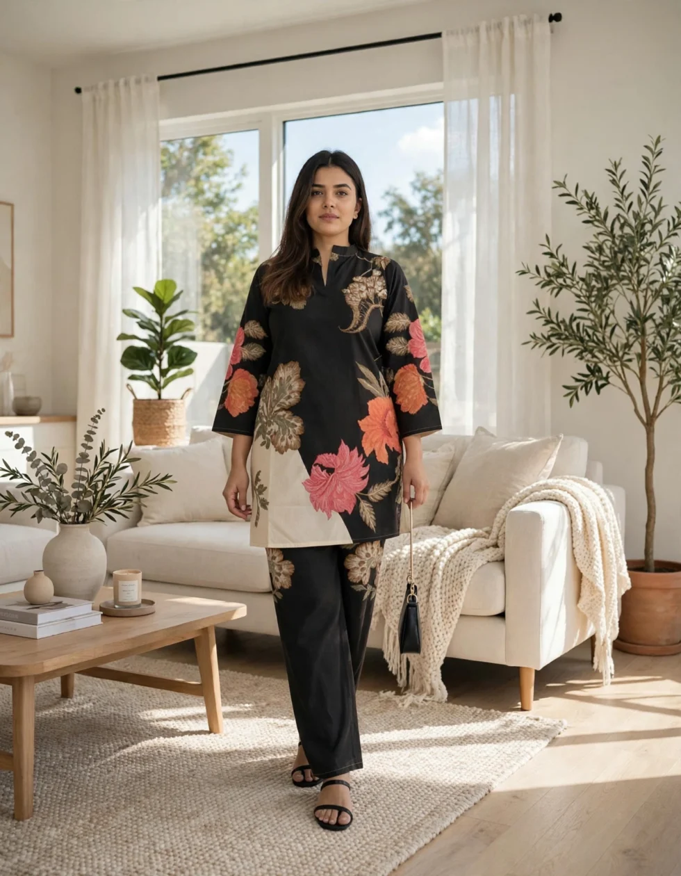 Japanese Silk Co-ord Set for Women front view black floral print