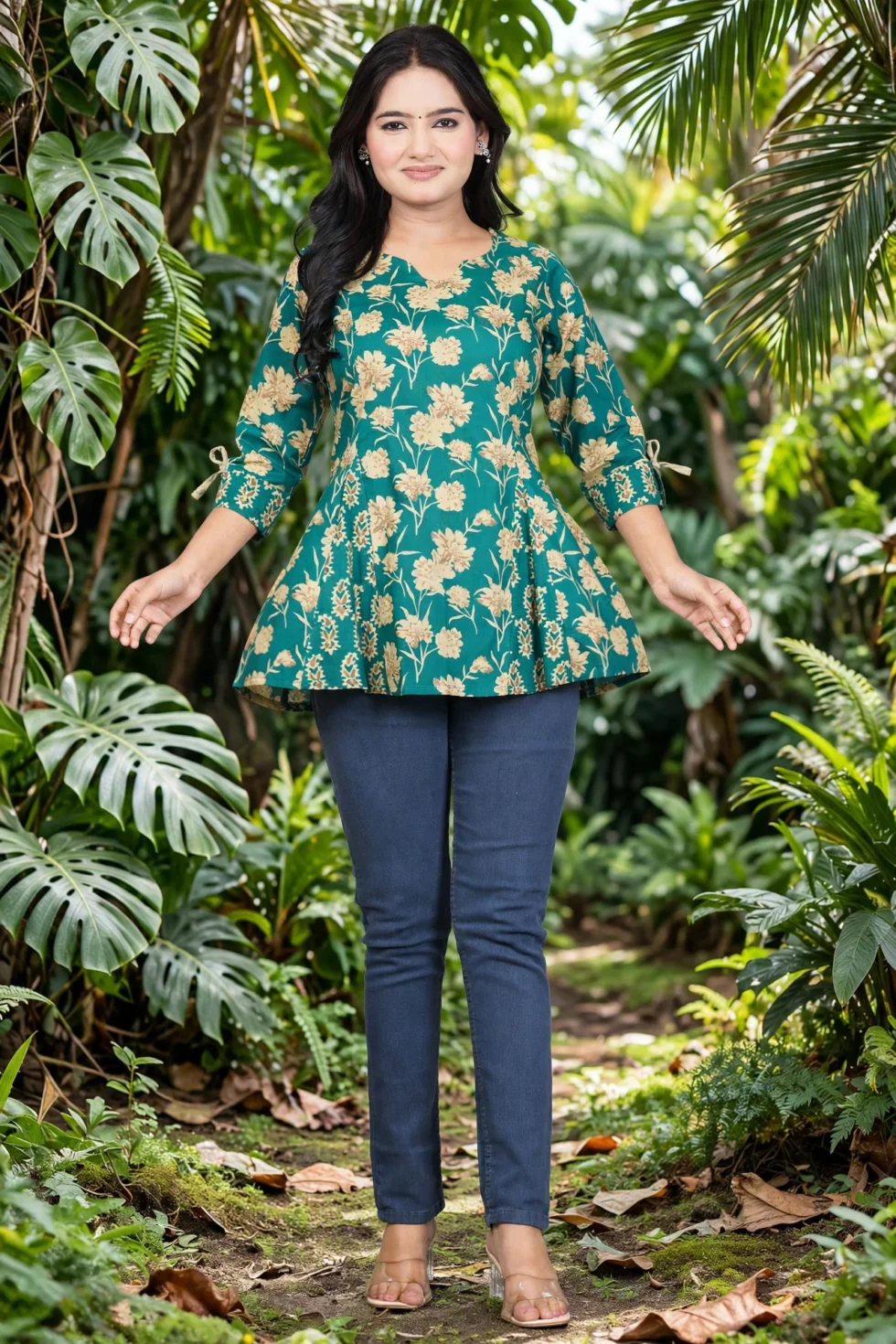 Cotton Kalidar Kurti Kali Waist mustard wall side walk Cotton Kalidar Kurti Kali Waist gallery back kali flare Cotton Kalidar Kurti Kali Waist rooftop golden hour 3/4th kali detail Cotton Kalidar Kurti Kali Waist tropical garden front