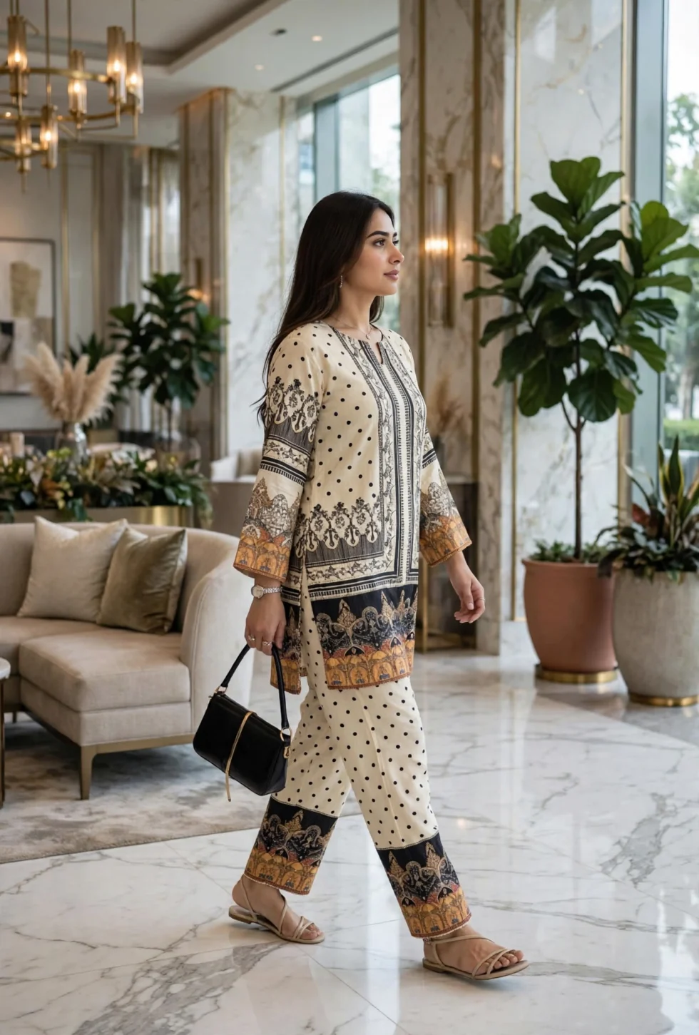 Rayon Cotton Co-ord Set for Women hotel lobby walking pose