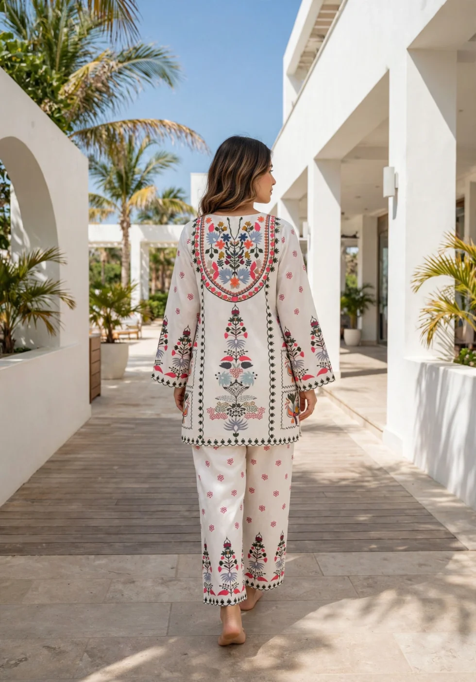 Turkish Cotton Co-ord Set for Women rooftop evening back view